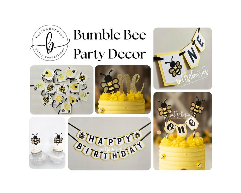 May include: Bumble Bee Party Decor set featuring a banner with the text HAPPY BIRTHDAY, a banner with the text ONE, cupcake toppers with bee designs, and a cake topper with a bee and the word one in gold glitter, all in yellow, black, and white.