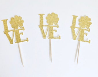 St.Patrick's Day love cupcake topper/ St.patrick's day wedding topper/ St.Patrick's day bridal shower/ set of 12