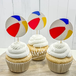Beach Ball cupcake topper/ set of 12/ Beach party cake topper