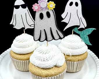 Sparkly Ghost Cupcake Toppers: Halloween Party Decorations (Set of 12)