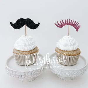 Staches or Lashes Cupcake Toppers / Baby Shower / Gender Reveal / Set of 12