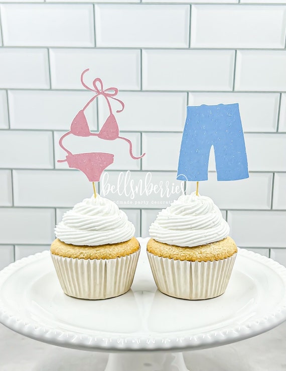 Bikinis and Boardshorts Cupcake Toppers Set of 12/ Bikinis or Board Shorts  Gender Reveal Cupcake Toppers/ Summer Gender Reveal 