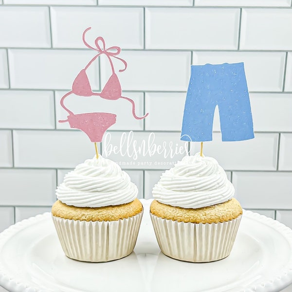 Bikinis and Boardshorts cupcake toppers- set of 12/ Bikinis or board shorts gender reveal cupcake toppers/ Summer Gender reveal