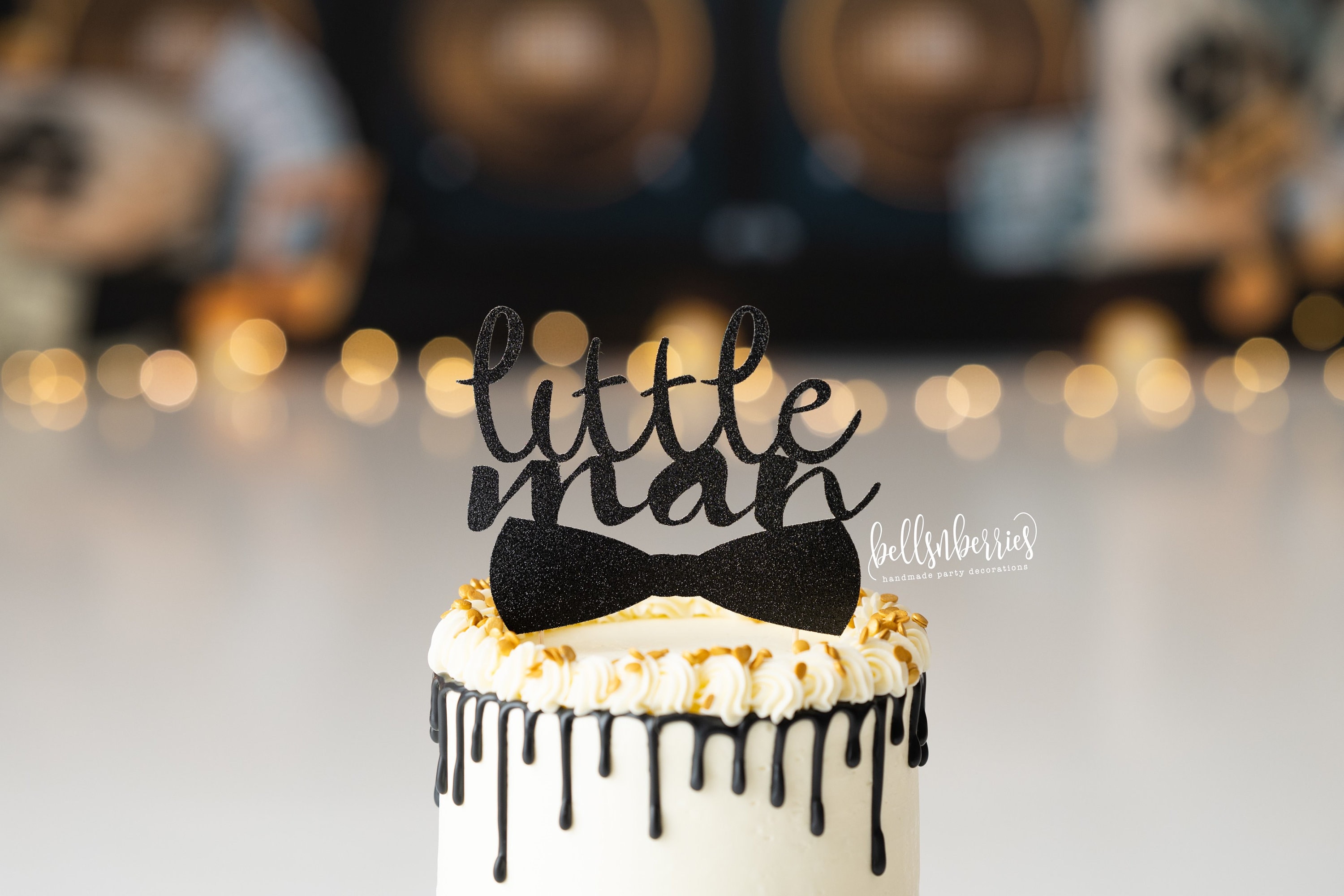 Vintage Men's Birthday Cake Topper - Black Glitter, 5.9x5.9 Inch, For 30th, 40th, 50th, 60th Parties