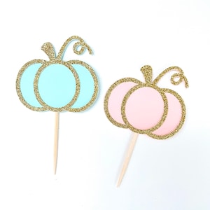 He or She Pumpkin cupcake topper/ little pumpkin baby shower cake topper/ pumpkin gender reveal/ fall gender reveal cake topper