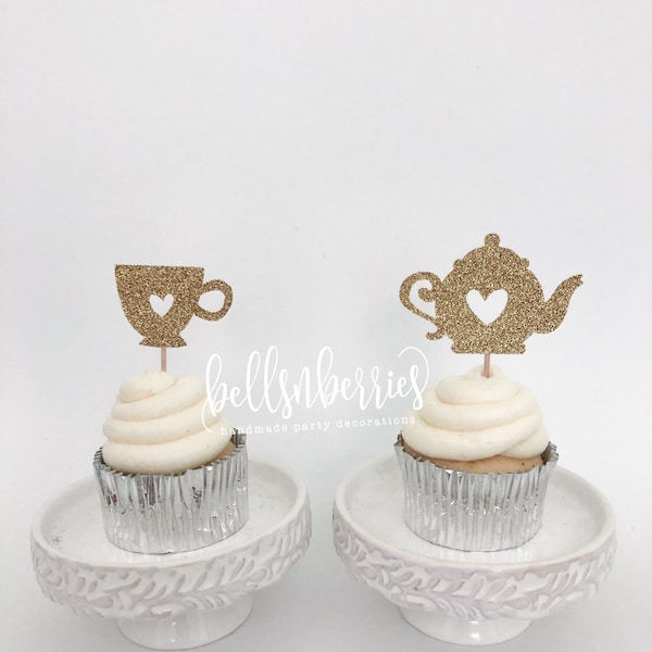 Tea Party Cupcake Toppers / Tea for Two / Tea Party Birthday / Set of 12
