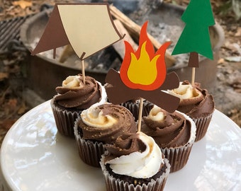 Camping Birthday Cupcake Toppers/ glamping birthday/ set of 12