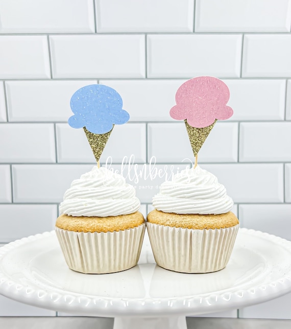 Whats the Scoop Cupcake Toppers/ Ice Cream Gender Reveal/ Set of 12 