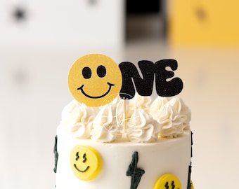 Smiley Face Age Cake topper/ Groovy One cake topper/ peace sign birthday