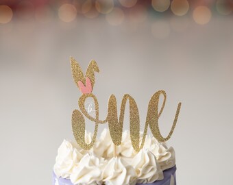 Bunny First Birthday Cake Topper: Gold Glitter Spring Party