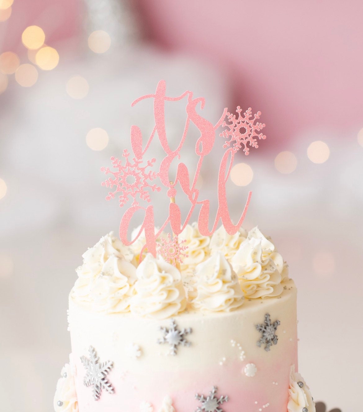Tortenaufsatz 'A Little Snowflake Is On The Way' - Winter-Babyparty-Dekoration, Rosa Glitzer