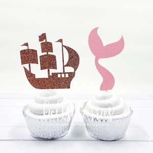 Mermaid and Pirate cupcake toppers- set of 12/ Mermaid or Pirate gender reveal cupcake toppers/ Summer Gender reveal