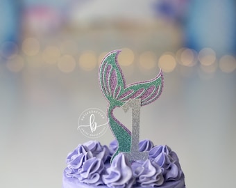 Glitter Mermaid Tail Cake Topper: Purple Teal Oneder the Sea Birthday