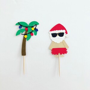 Christmas in July Cupcake Toppers / Santa and Palm Tree Cupcake Picks / Holiday Cupcake Toppers / Hawaiian Christmas / Set of 12