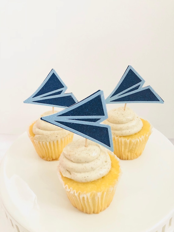 Paper Airplane Cupcake Toppers: Navy Glitter, Set of 12