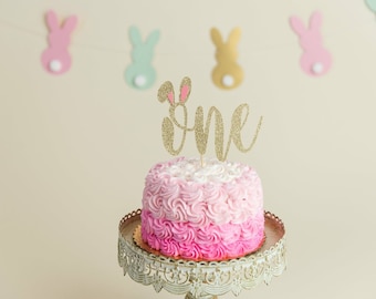 Bunny First Birthday Cake Topper: Gold Glitter Spring Party
