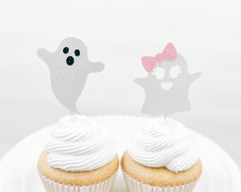 Halloween Gender Reveal Cupcake Toppers: Sparkly Ghost Theme, Set of 12