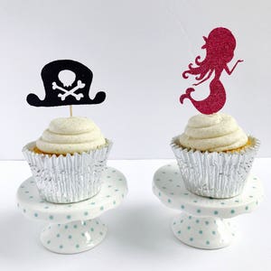 Mermaid and Pirate cupcake toppers- set of 12/ Mermaid or Pirate gender reveal cupcake toppers/ Summer Gender reveal