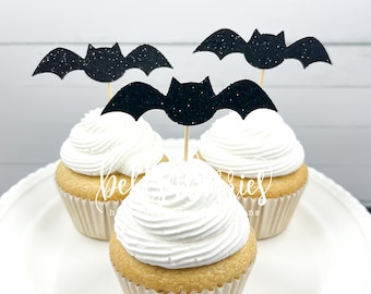 Glitter Bat Cupcake Toppers: Spooky Halloween Party Decor (Set of 12)