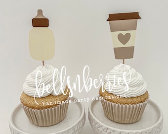 Coffee & Baby Bottle Cupcake Topper / Baby is Brewing Cupcake Toppers / Baby is Brewing Baby Shower / Latte Cupcake Toppers /  Set of 12
