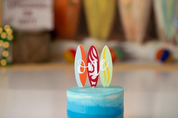 Surfboard Cake Topper - 4 Piece Tropical Luau Beach Party Decoration Set