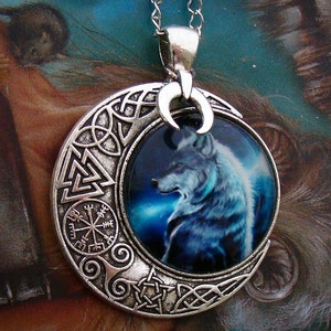 Night Wolf Necklace Viking Crescent Moon Celtic Vegvísir Triskele Pagan Talisman Shaman Norse Mythology Wiccan image 1