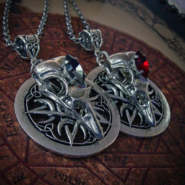 Collier Crâne de Corbeau et Pentacle - Wicca - Pendentif - Sorcière - Pentagramme - Gothique - Vampire - Pagan - Anatomie - Black Diamond