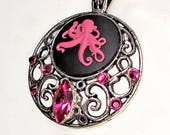 Octopus Necklace - Kraken - Pirate - Steampunk - Medallion - Hot Pink - Fuchsia - Cameo - Jules Verne - Captain Nemo - Nautilus