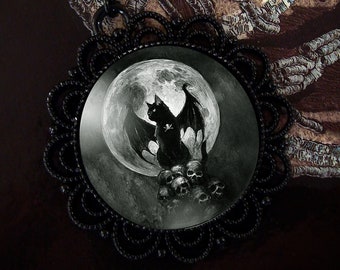 Gothic Black Cat Necklace - Full Moon - Bat Wings - Skulls - Witchy - Wiccan - Black Medallion - GunMetal - Goth - Witch