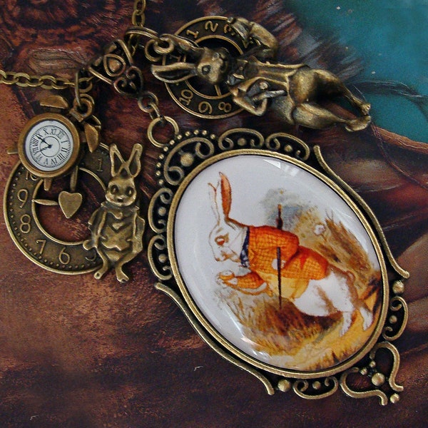 The White Rabbit Necklace - Alice in Wonderland - Lewis Carroll - Victorian - Steampunk - Fairytale - Children Story - Retro - Vintage