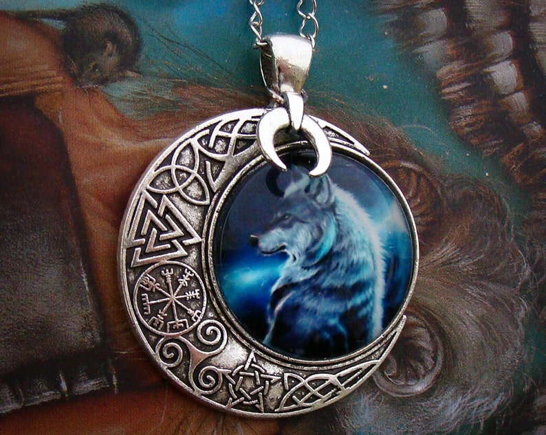 Night Wolf Necklace Viking Crescent Moon Celtic Vegvísir Triskele Pagan Talisman Shaman Norse Mythology Wiccan image 1