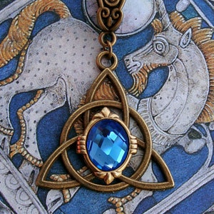 Celtic Knot Necklace Triquetra Pendant Viking Thor Freyja Odin Norse Mythology Pagan Symbol Bronze Sapphire Blue