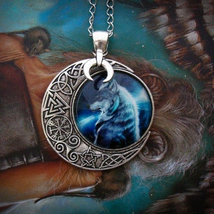 Night Wolf Necklace Viking Crescent Moon Celtic Vegvísir Triskele Pagan Talisman Shaman Norse Mythology Wiccan image 3