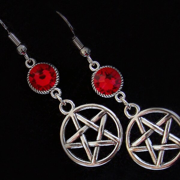 Pentacle Earrings - Gothic - Pentagram - Magic Star - Ruby Red - Swarovski - Wiccan - Goth - Witchy - Dark - Metal Fashion - Vampire