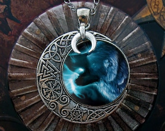 Collier Loup Bleu ~ Viking ~ Croissant de Lune ~ Celtique ~ Vegvísir ~ Triskel ~ Pagan ~ Talisman ~ Shaman ~ Mythologie Nordique ~ Wicca