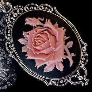Floral Cameo Necklace - Gothic - Victorian Style - Vintage - Retro - Black & Pink Flower - Romantic - Gift for Her