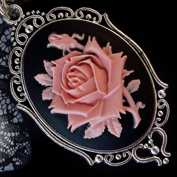 Collier Camée Floral - Bouton de Rose - Gothique - Victorien - Vintage - Retro - Romantique - Pendentif - Cadeau pour Elle
