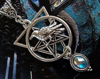 Wiccan Raven Necklace - Pentacle - Witchy - Crow - Pentagram - Gothic - Pagan - Talisman - Azure Blue - Witch - Goth