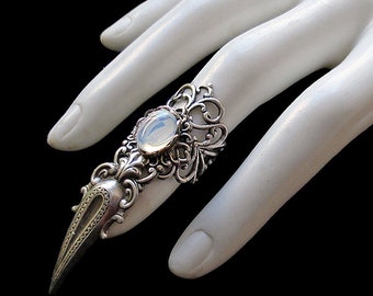 Anillo de garra gótica - Ópalo blanco - Chica gótica - Vampiro - Piedra lunar - Opalescente - Brujería - Wiccan - Joyería alternativa - Opalescente