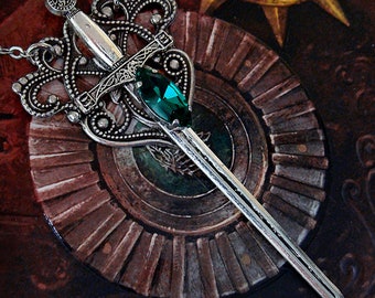Sword Necklace - Medieval Fantasy - Heraldry - Pendant - Emerald Green - Knight - Coats of Arms - Mythical - Myths and Legends