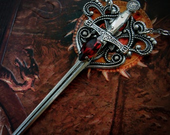 Sword Necklace - Medieval Fantasy - Heraldry - Pendant - Ruby Red - Knight - Coats of Arms - Mythical - Myths and Legends