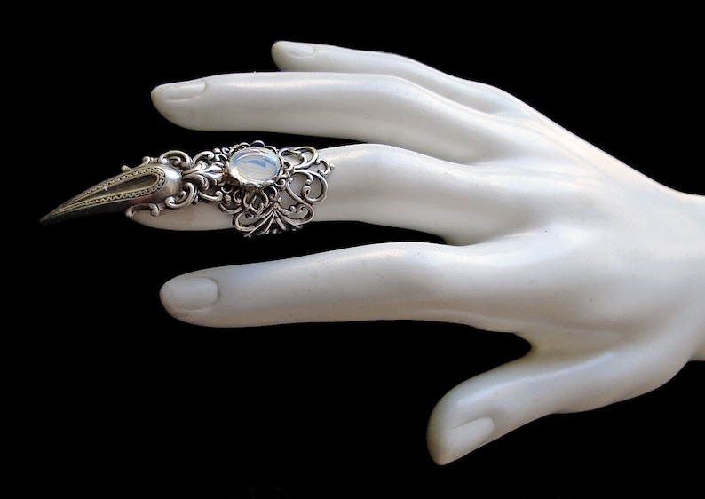 Gothic Claw Ring White Opal Goth Girl Vampire Moonstone Opalescent Witchy Wiccan Alternative Jewelry Opalescent image 3