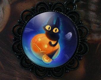 Little Black Cat Necklace - Halloween - Ghost - Pumpkin - Witchy - Wiccan - Gothic - Black Medallion - GunMetal - Goth - Witch - Kitty