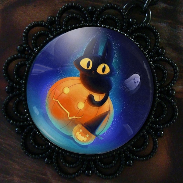 Collier Petit Chat Noir - Halloween - Fantôme - Citrouille - Wicca - Sorcière - Médaillon Noir - Gothique - Sorcière - Kitty - Witchy