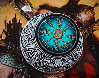 Vegvísir Necklace ~ Viking Compass ~ Celtic ~ Triskele ~ Pagan ~ Talisman ~  Protection Symbol ~ Norse Mythology ~ Crescent Moon