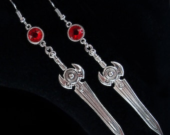 Sword Earrings - Medieval - Fantasy - Renaissance - Blade - Heraldry - Knight - Ruby Red - Role Play - Video Game - Geek