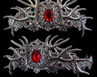 Antlers Crown - Mythical - Headdress - Pagan - Faun - Woodland - Deer - Red - Circlet - Queen - Forest Goddess - Wiccan - Medieval Fantasy