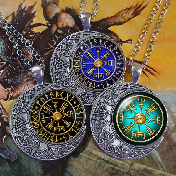 Collier Vegvísir ~ Viking ~ Croissant de Lune ~ Celtique ~ Triskel ~ Pagan ~ Talisman ~ Symbole de Protection ~ Mythologie Nordique