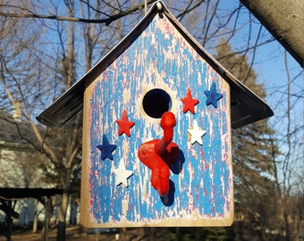 Rustic Stars & Stripes Birdhouse, Alabama License Plate Roof