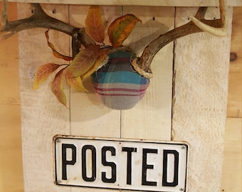 Rustic Whitewashed Reclaimed Wood Shelf with Whitetail Antlers and Vintage Posted Sign